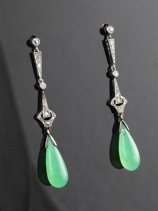 A pair of early 20th century platinum, jadeite and diamond drop earrings, 1.75in.